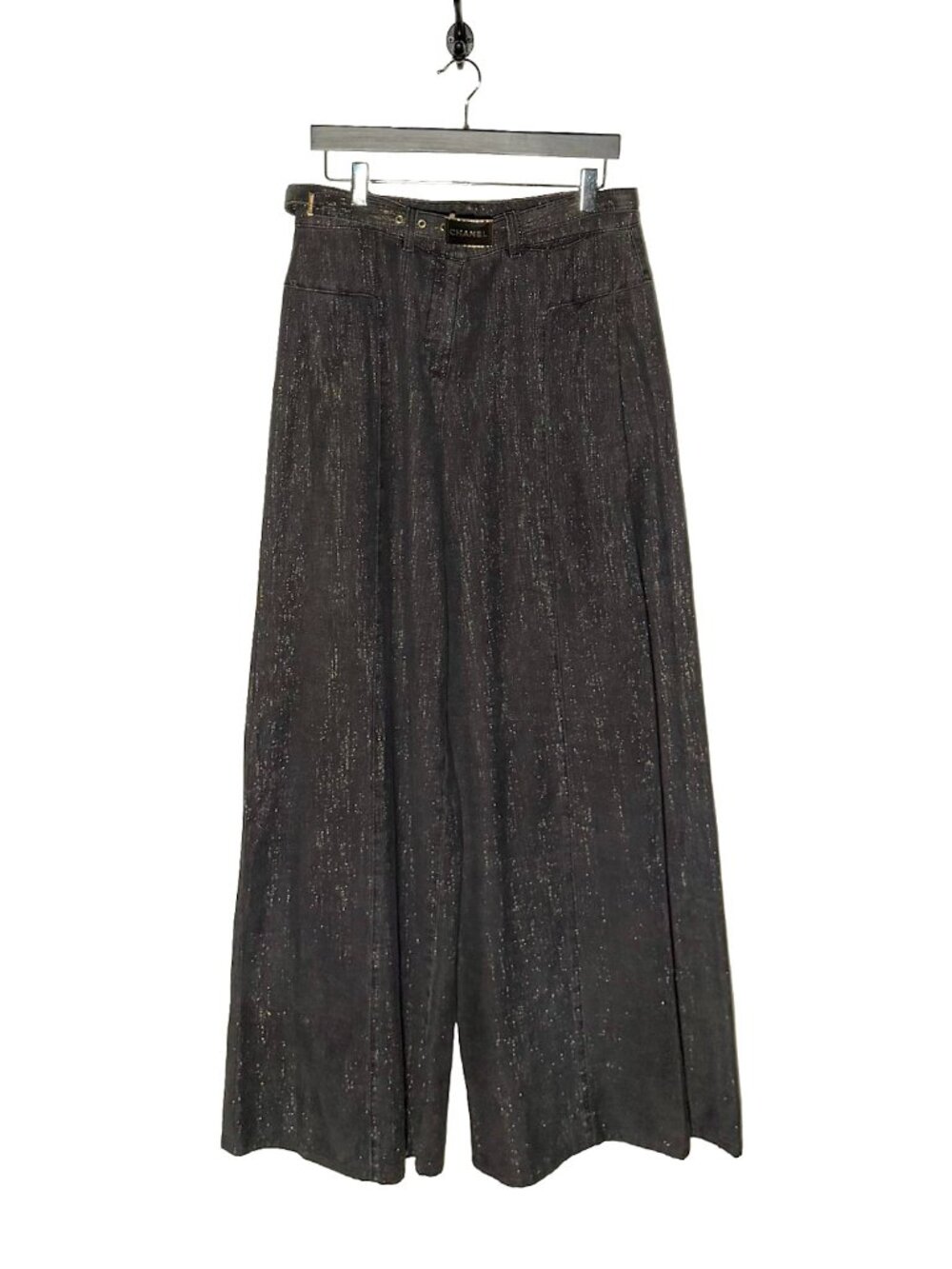 Chanel SS23 Black Shimmer Denim Wide Leg Jeans W Belt